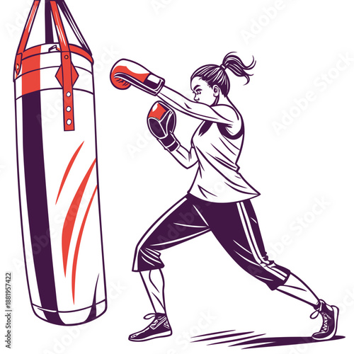 Energetic woman practicing boxing workout in a gym, dynamic sports training and fitness concept, vector illustration