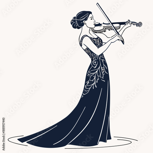 Elegant female violinist performing a musical concert with a graceful pose, classical music concept, vector illustration