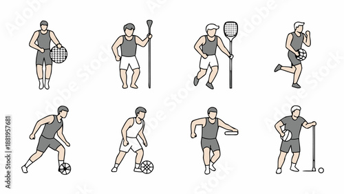 Collection of stylized male athletes engaged in various sports activities