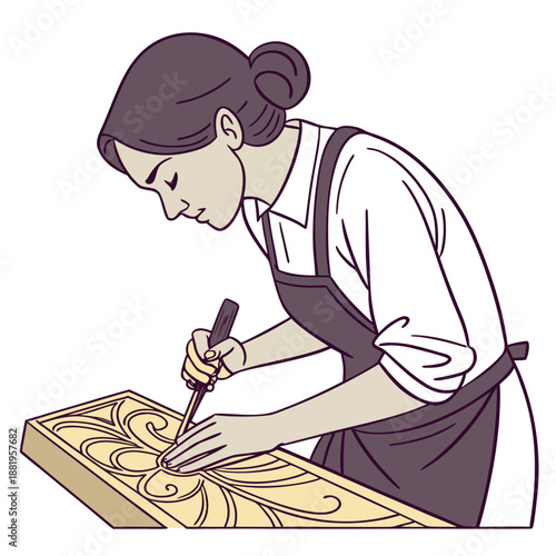 Skilled female artist carving a wooden sculpture in a craft workshop, carpentry and artistic woodcraft concept, vector illustration