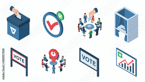 Isometric election and voting icons representing democratic process and civic engagement