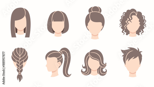Collection of diverse hairstyles for men and women, illustrated in a flat design style