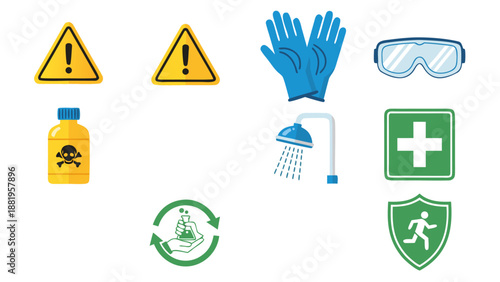 Collection of safety and warning icons for workplace and laboratory environments