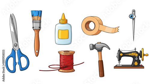 Collection of crafting and DIY tools arranged in a flat lay style