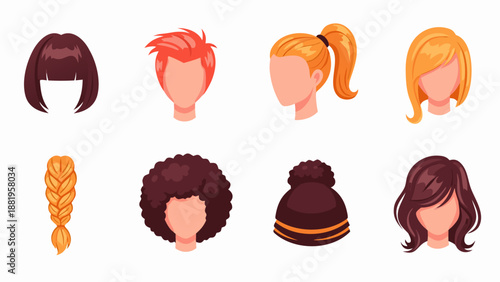 Collection of diverse cartoon hairstyles for women and men, vector illustration