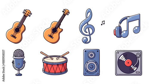 Collection of cartoon musical instruments and audio equipment icons