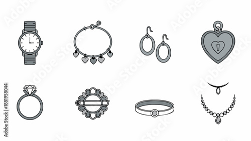 Collection of elegant jewelry icons including a watch, bracelet, earrings, and necklace