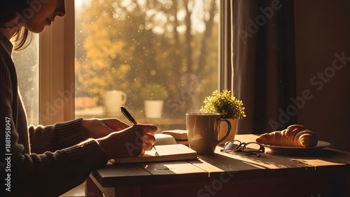 A woman sits at a desk by a window writing in a notebook with a cup of coffee and breakfast nearby