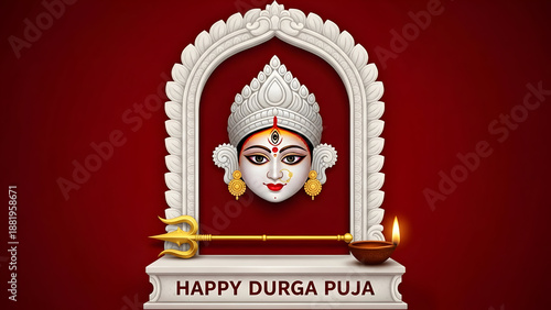 A digital illustration of the Hindu goddess Durga in a white archway with a trident and lamp on a red background.