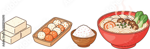Asian Food Illustration Set Featuring Tofu Blocks, Fish Balls, Steaming Ramen Bowl with Vegetables, Rice Bowl, and Traditional Japanese Cuisine Elements