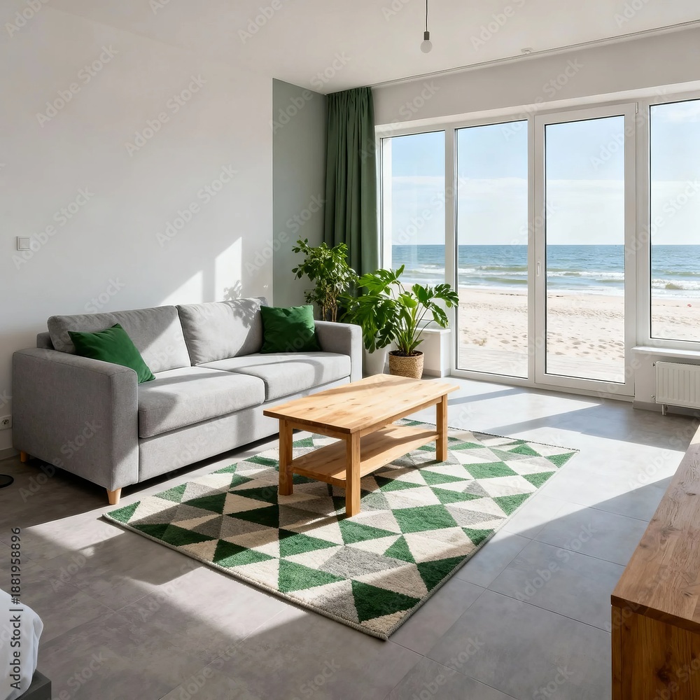 Naklejka premium Modern living room with large windows overlooking the beach and ocean