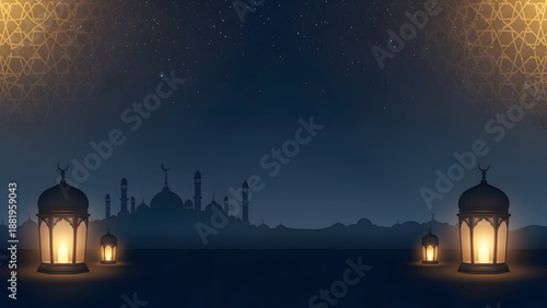 Mosque City Skyline Silhouette with Warm Lantern Glow at Night