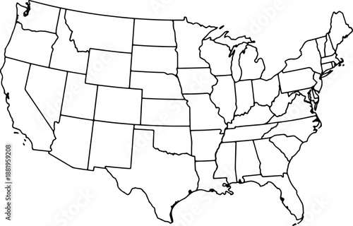 Outline map of the united states with state borders on white background illustration for geographic and educational purposes