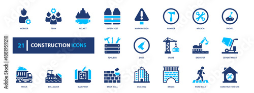 Construction solid icon set. Building engineering architecture safety project icons for construction company, development project, dashboard, and UI design