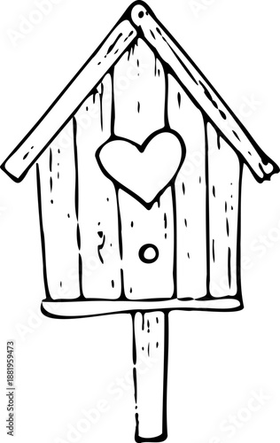 Vector line wooden birdhouse isolated on a white background.