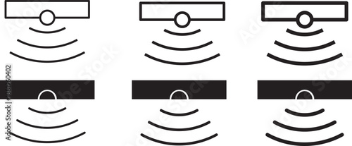 Motion sensor icon set. Modern automated sensing technology sign, Smart home security symbols. Infrared movement detector icons. Digital surveillance interface elements.
