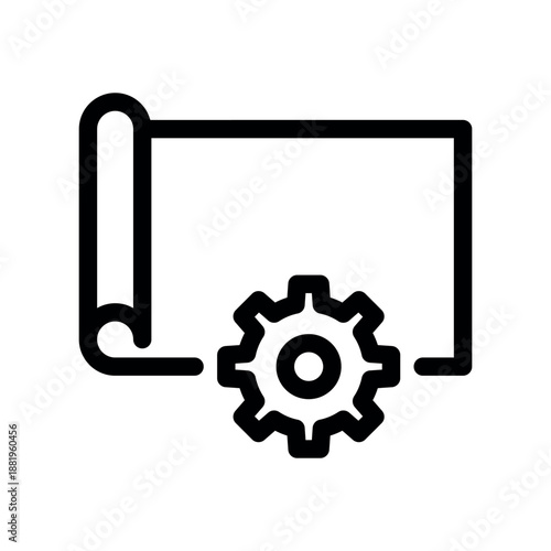 Bold Line Icon of Unrolled Blueprint with Gear Symbol
