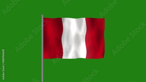 Flag of Peru, Pole flag of Peru on Green screen chroma key, Peru flag waving in the wind isolated on Green Background.