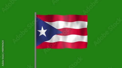 Flag of Puerto Rico, Pole flag of Puerto Rico on Green screen chroma key, Puerto Rico flag waving in the wind isolated on Green Background.