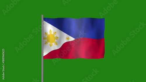 Flag of Philippines, Pole flag of Philippines on Green screen chroma key, Philippines flag waving in the wind isolated on Green Background.