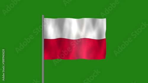 Flag of Poland, Pole flag of Poland on Green screen chroma key, Poland flag waving in the wind isolated on Green Background.