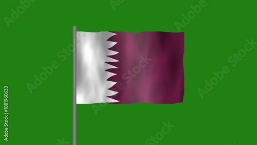 Flag of Qatar, Pole flag of Qatar on Green screen chroma key, Qatar flag waving in the wind isolated on Green Background.