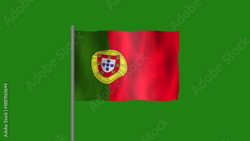 Flag of Portugal, Pole flag of Portugal on Green screen chroma key, Portugal flag waving in the wind isolated on Green Background.