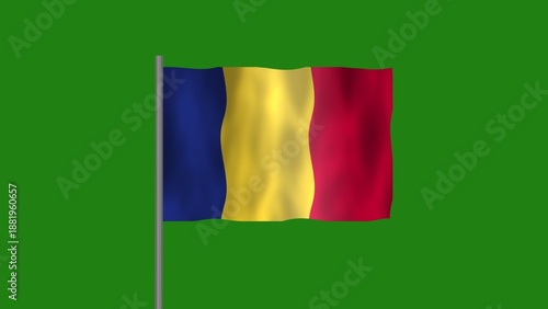 Flag of Romania, Pole flag of Romania on Green screen chroma key, Romania flag waving in the wind isolated on Green Background.