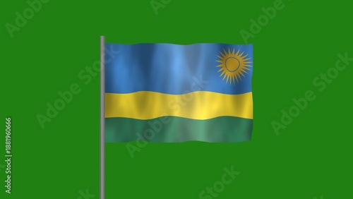 Flag of Rwanda, Pole flag of Rwanda on Green screen chroma key, Rwanda flag waving in the wind isolated on Green Background.