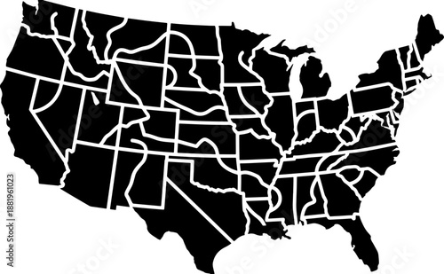 Solid black map of the united states with white state borders on a plain white background for design and branding purposes