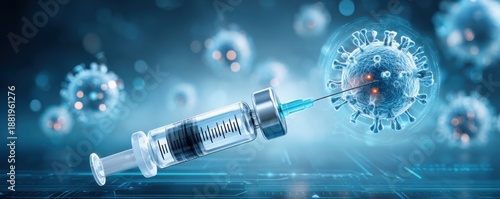 Concept of vaccines to prevent epidemics. A syringe is shown injecting a vaccine into a virus, symbolizing medical science and vaccination in a futuristic context.