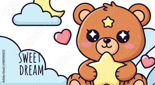 Adorable kawaii teddy bear hugging a glowing yellow star surrounded by clouds and hearts suggesting sweet dreams for bedtime stories or nursery decor.