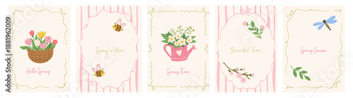Vintage spring set of cute cards in coquette art. Hand drawn whimsical frames with bows and ribbons.  Set of banner design with flowers, leaves, branch. Colorful blossom vector template for holiday.