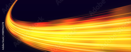 Smooth orange speed track flows with luminous neon streaks and clean motion blur, emphasizing rapid movement and speed. Vector
