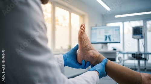 Doctor examining patient foot in medical clinic