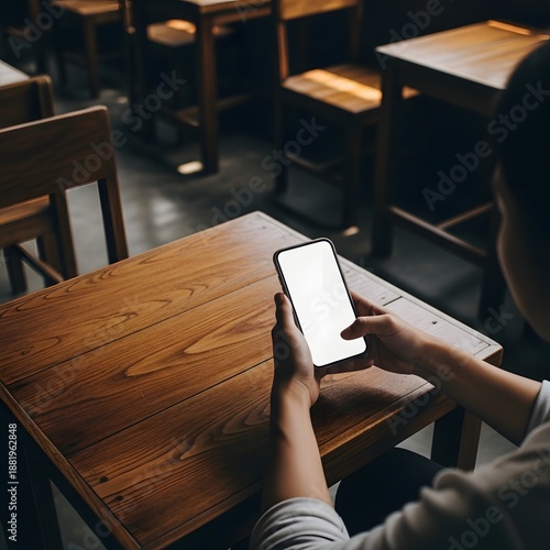 Person sitting alone at a wooden school desk with a smartphone