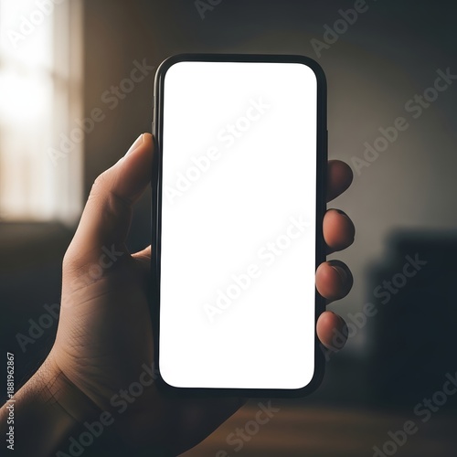 A hand holding a smartphone with a blank white screen