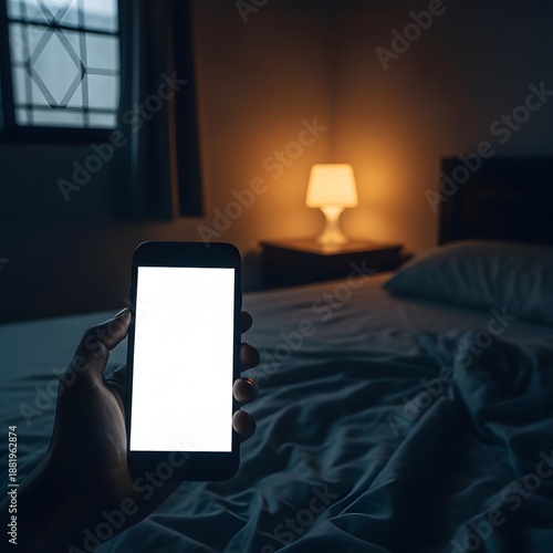 A person relaxing in bed with a phone at night