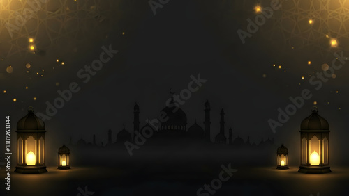 Aesthetic Mosque Silhouette Background with Golden Bokeh Light Effects