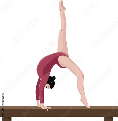 Gymnast Performing on Balance Beam, A clean vector illustration of a female gymnast in a maroon leotard performing a handstand or acrobatic move on a brown balance beam