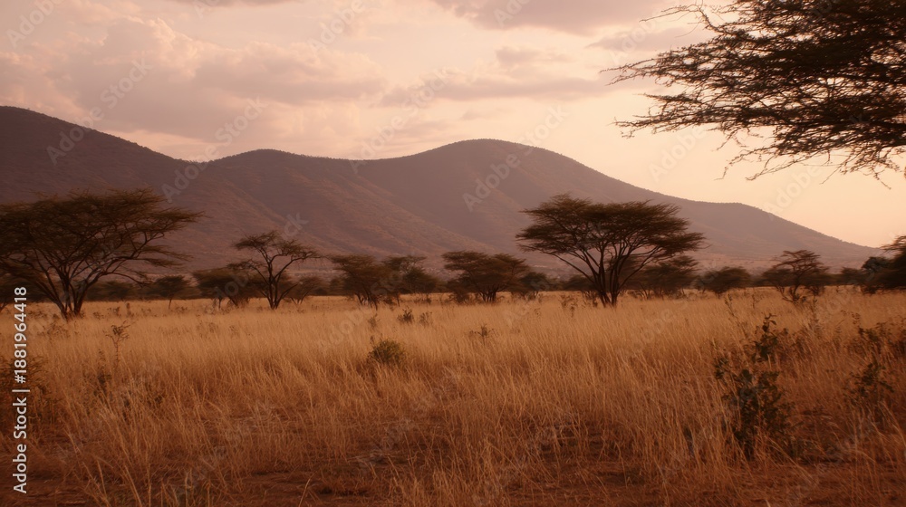 Naklejka premium Savannah landscape at dawn with dry grasses and distant mountains bathed in warm light