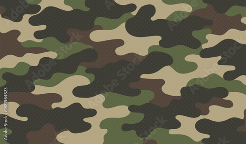 Camouflage pattern background with organic layered shapes and subtle dot texture in green brown beige and dark tones
