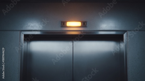 Elevator door with a rectangular light above it. the door is closed and appears to be made of metal. the light is turned on, casting a warm glow on the door.
