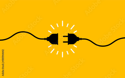 Minimal flat illustration of two electric power plugs connecting with glowing energy symbol on yellow background.