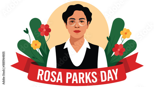 rosa parks day illustration honoring civil rights leader with symbolic portrait celebrating equality, justice, courage and african american history
