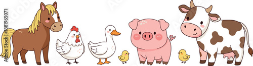 Farm animal vector set with cute horse cow pig duck and chicken isolated