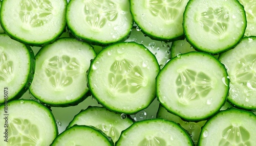 Close Up Of Fresh Sliced Cucumbers With Water Droplets On A Light Green Background Natural Healthy Food Ingredient