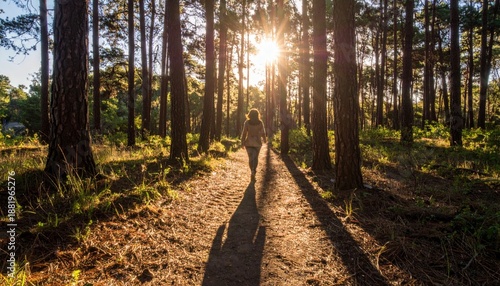 Lone Person Walking on a Forest Path During Golden Hour Sunlight Casting Long Shadows Through Pine Trees