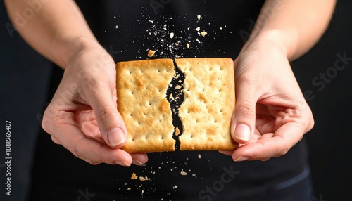 Two Hands Holding A Golden Square Cracker Broken In Half With Crumbs Flying Against A Dark Background