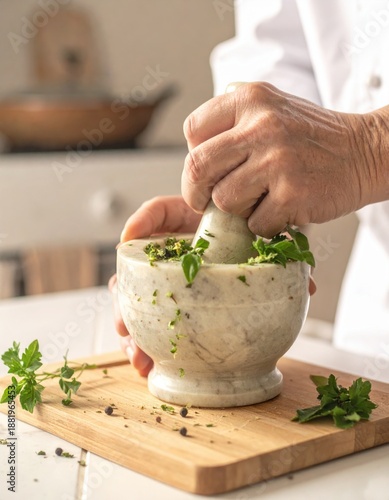 Chef crushing fresh green herbs and black peppercorns in a white marble mortar and pestle on a wooden board in a bright kitchen setting with soft natural lighting.